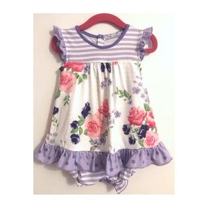 Little Millie Girl’s Outfit Pink and Purple Floral Romper - Stripes and Flowers